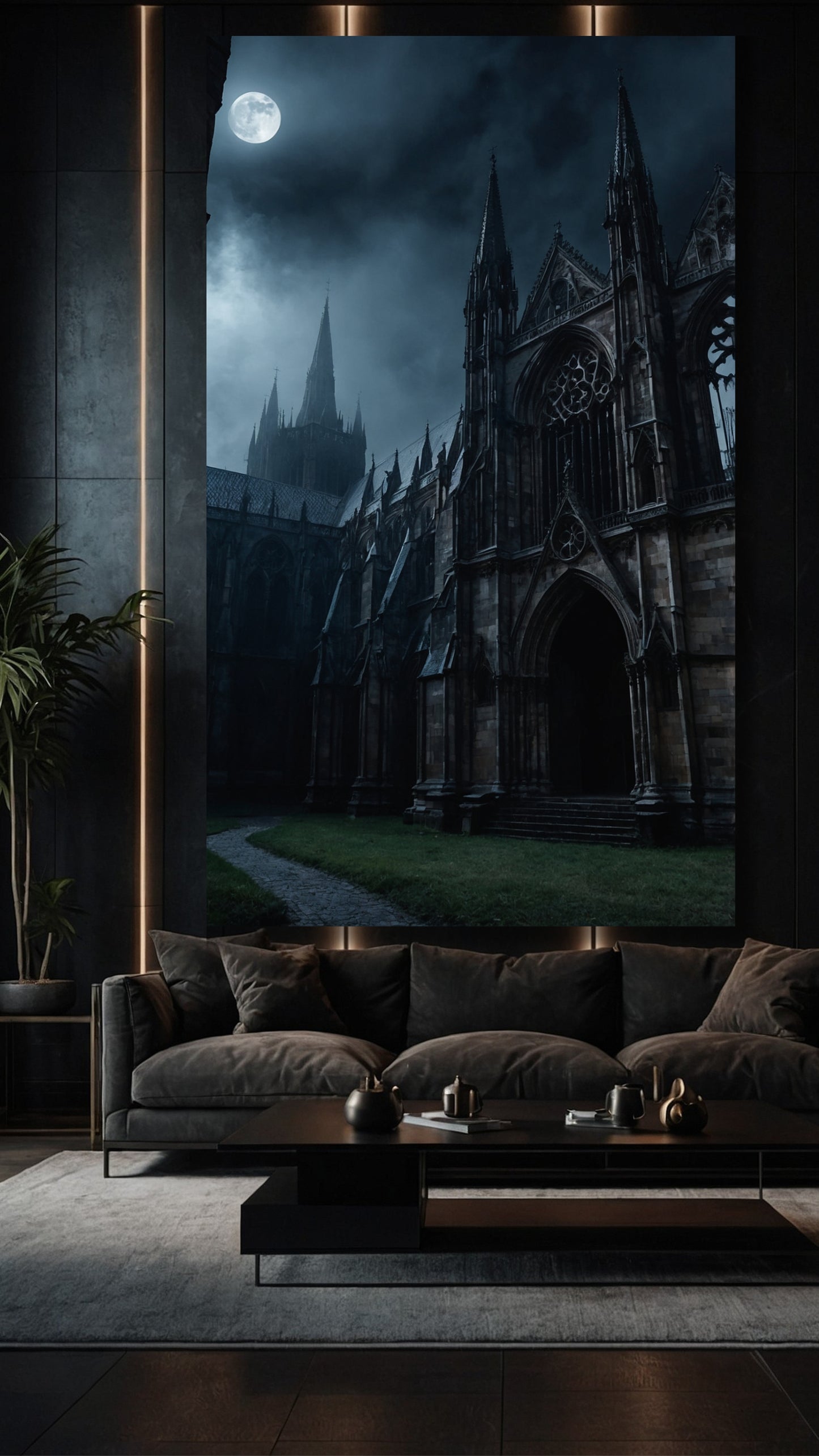 Großes Kathedralen Wandbild bei Mondlicht über einem modernen Sofa in einem stilvollen Wohnzimmer mit dunklen Wänden und warmen Lichtakzenten.