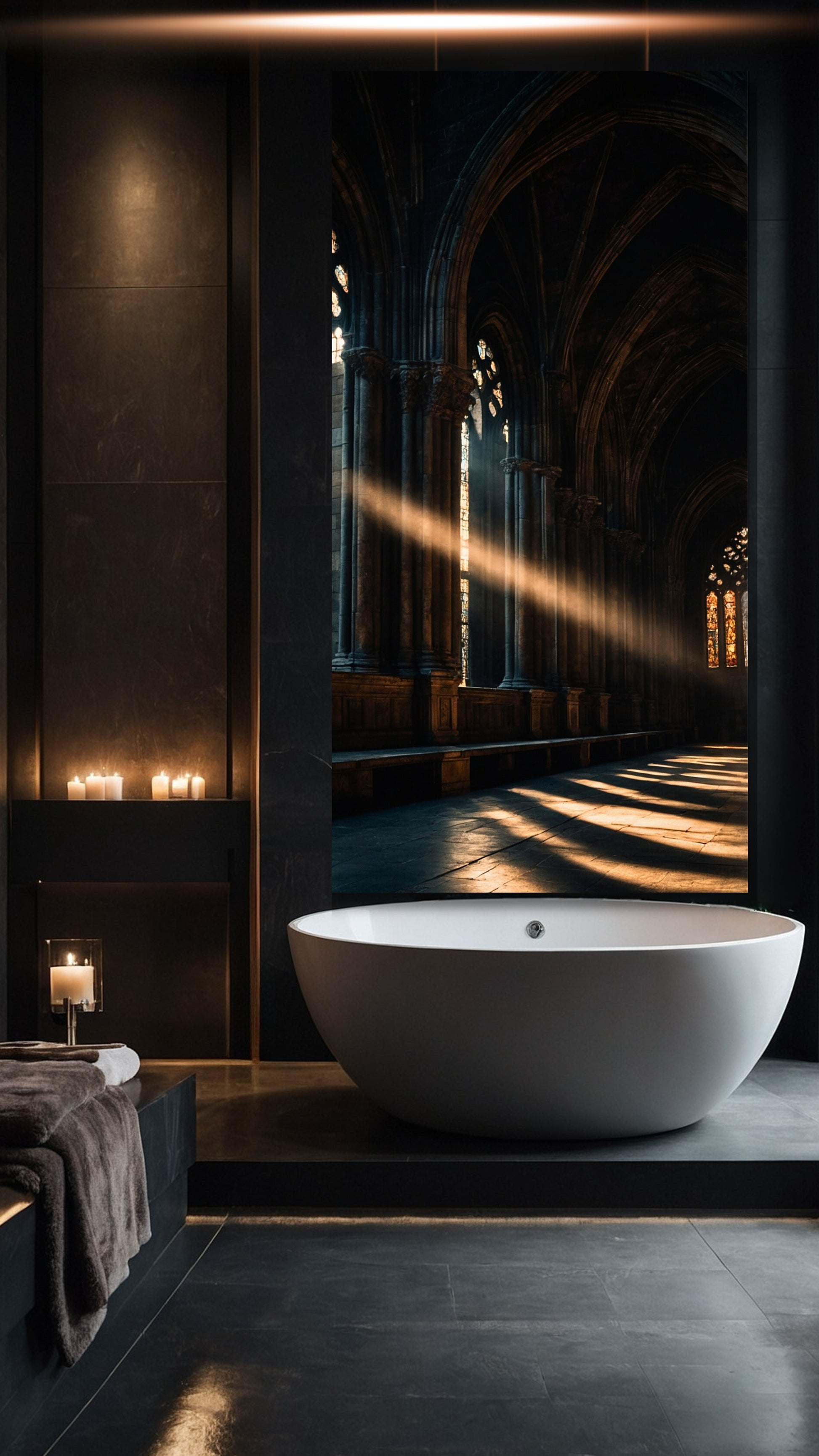Mystische gotische Kathedrale mit Lichtstrahl als Leinwandbild im eleganten Badezimmer