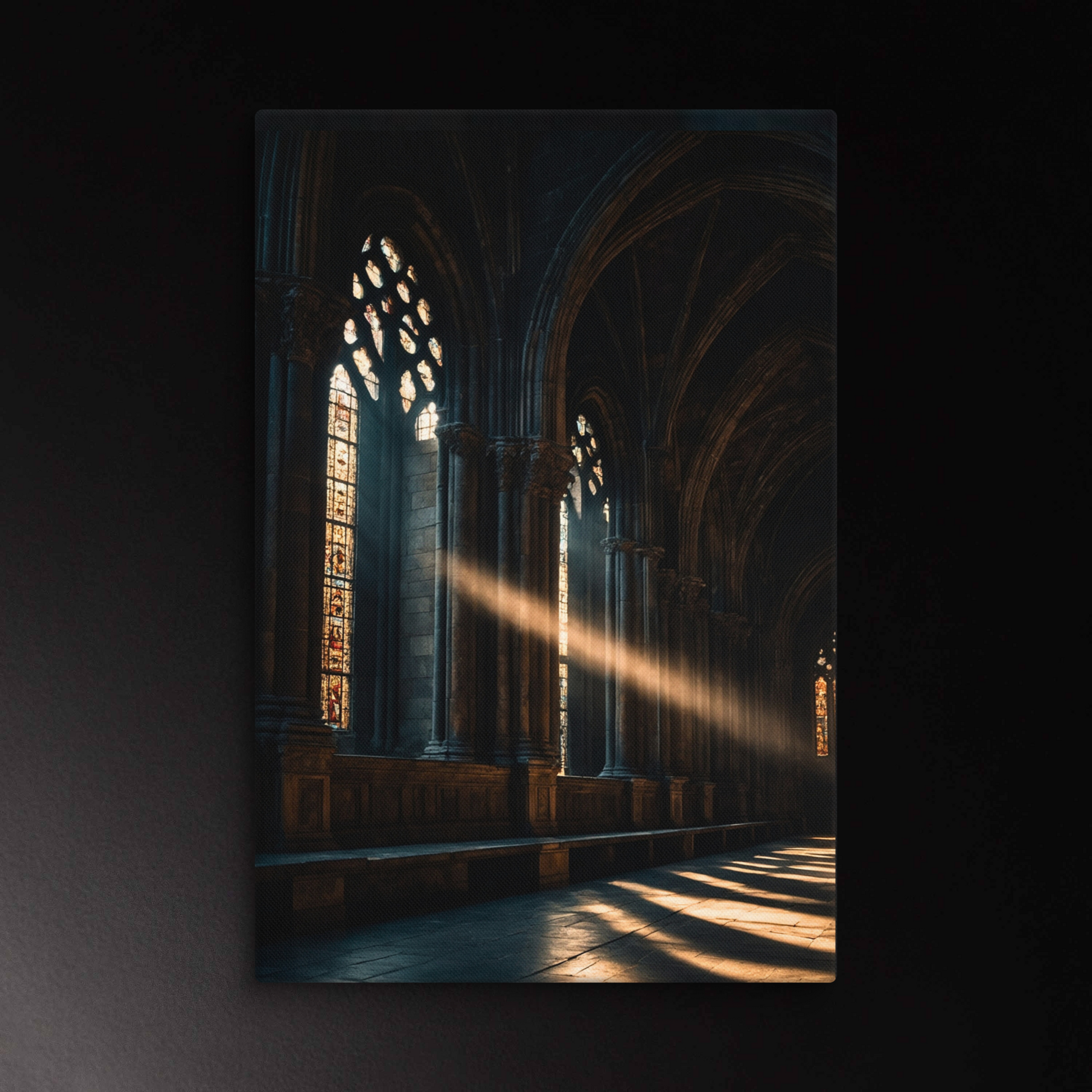 Kathedrale mit Lichtstrahl durch Buntglasfenster als Wandkunst Leinwand im Format 40x60 Zoll