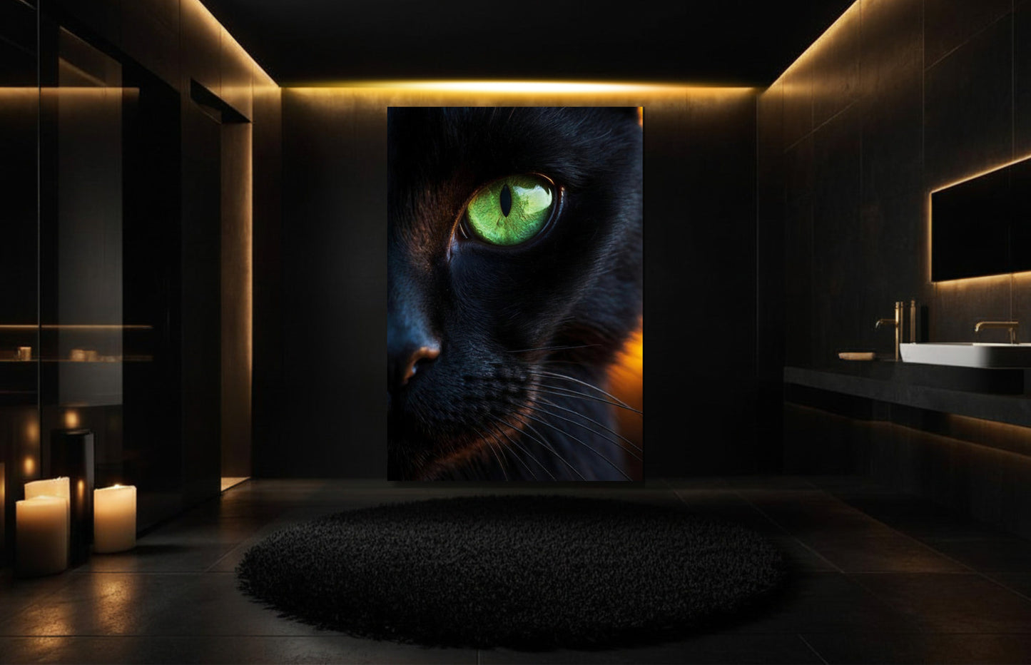 Elegante schwarze Katzen Wandkunst 32x48 Zoll im edlen Badezimmer mit warmem Licht und minimalistischer Einrichtung