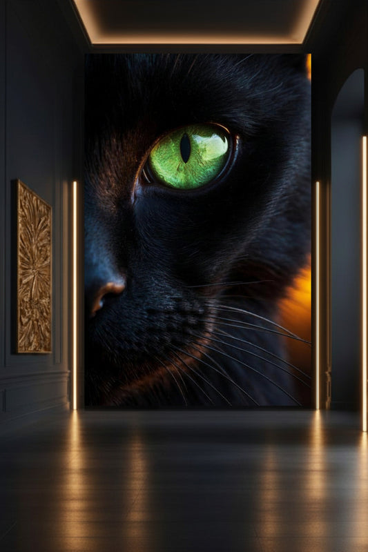 Schwarze Katze im Profil mit grünem Auge auf Leinwand 32x48 Zoll in stilvoller Galerie mit dunkler Wand und warmem Licht – hochwertige Tierkunst mit klarer, intensiver Ausstrahlung