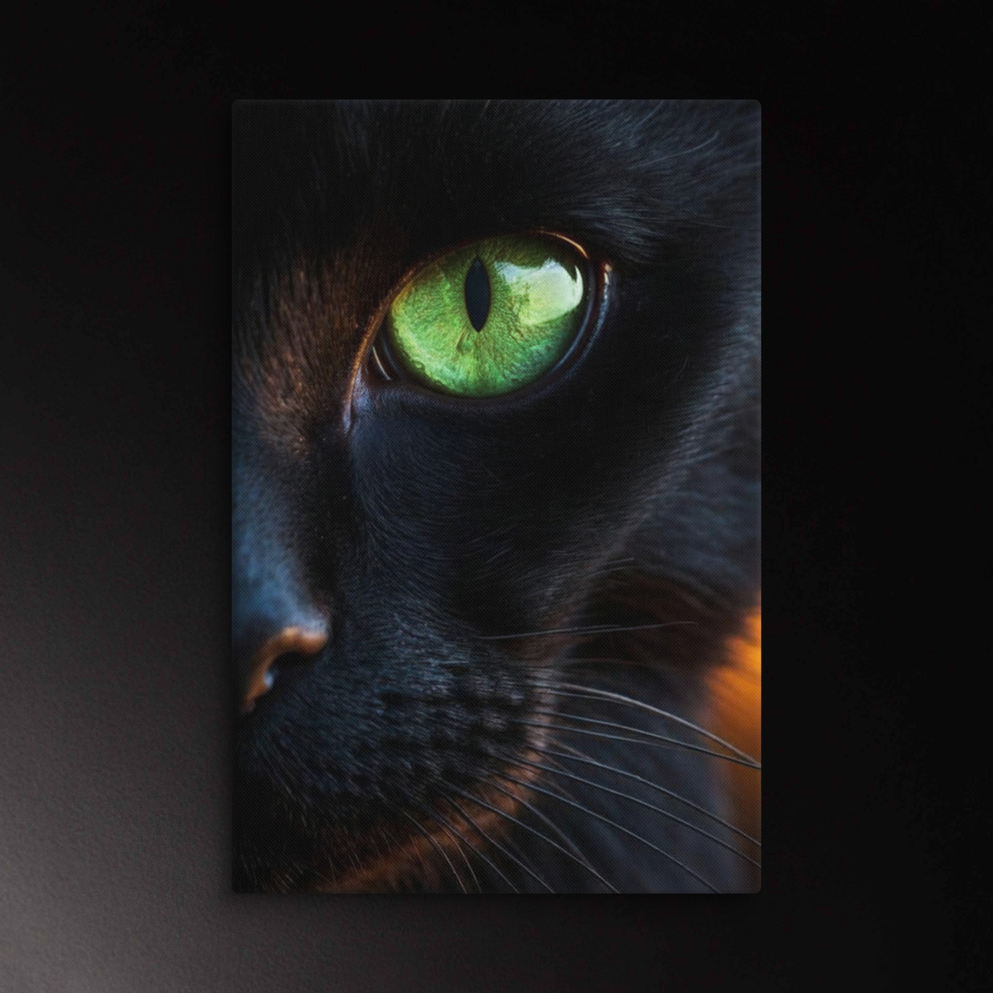 Katze im Profil mit leuchtend grünem Auge als moderne Wandkunst auf Leinwand im Format 32x48 Zoll