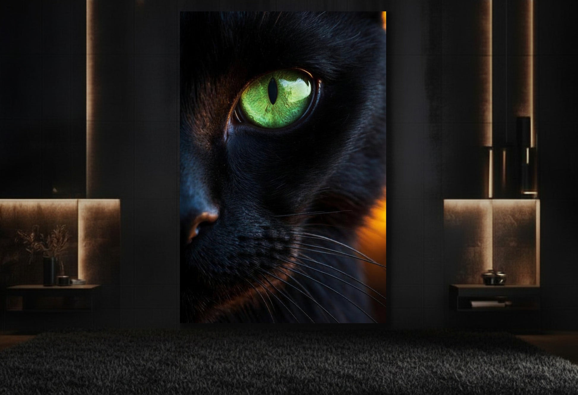 Große Katzen Leinwand 40x60 Zoll mit grünem Auge im luxuriösen Loungebereich mit dunkler, moderner Einrichtung