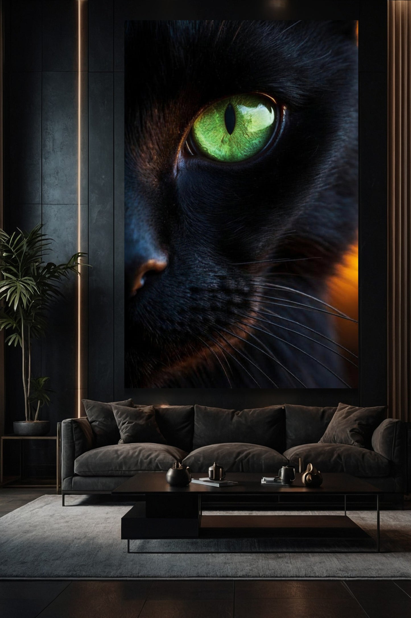Große Katzen Leinwand 32x48 Zoll mit grünem Auge über Sofa in modernem dunklen Wohnzimmer