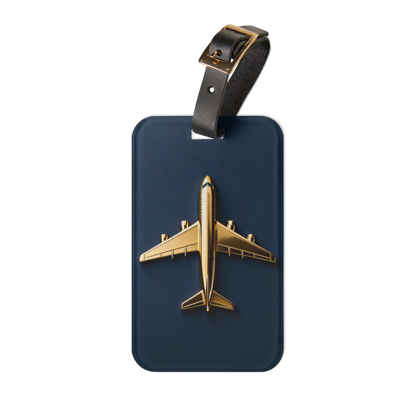 Kofferanhänger mit goldenem Flugzeug auf tiefblauem Hintergrund als Freisteller mit verstellbarem Lederband.