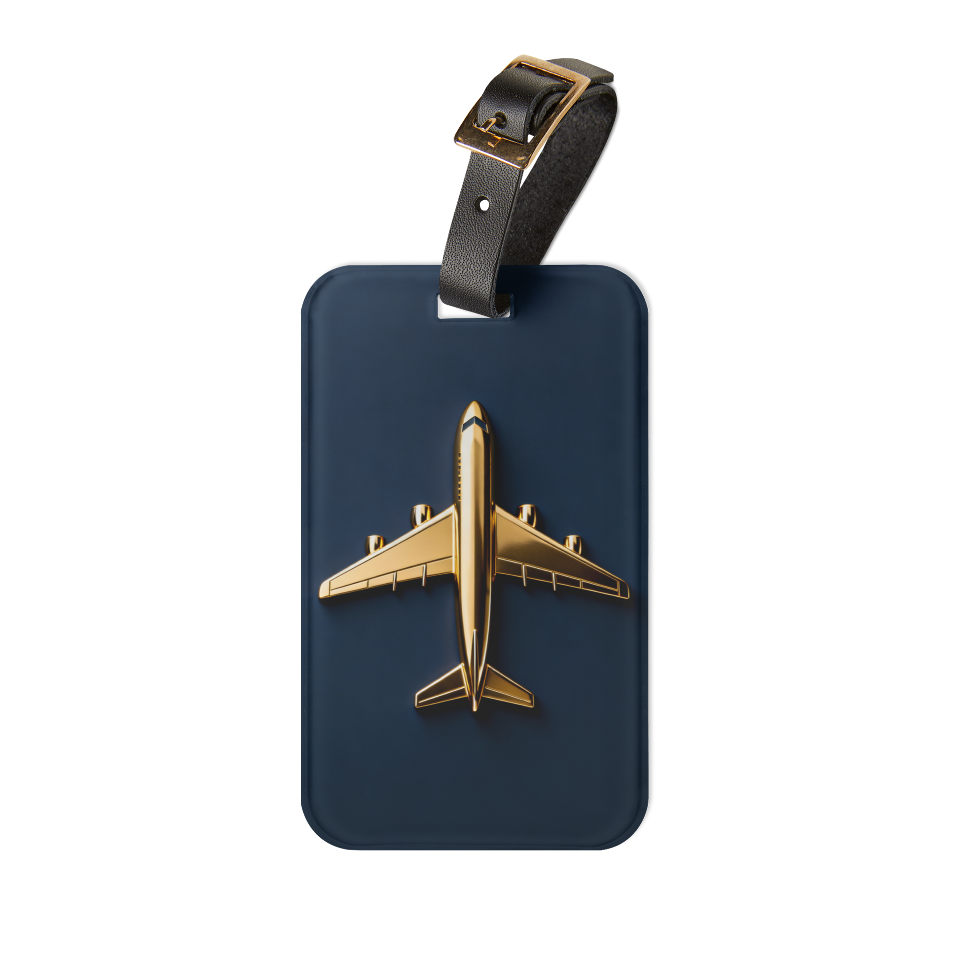 Kofferanhänger mit goldenem Flugzeug auf tiefblauem Hintergrund als Freisteller mit verstellbarem Lederband.