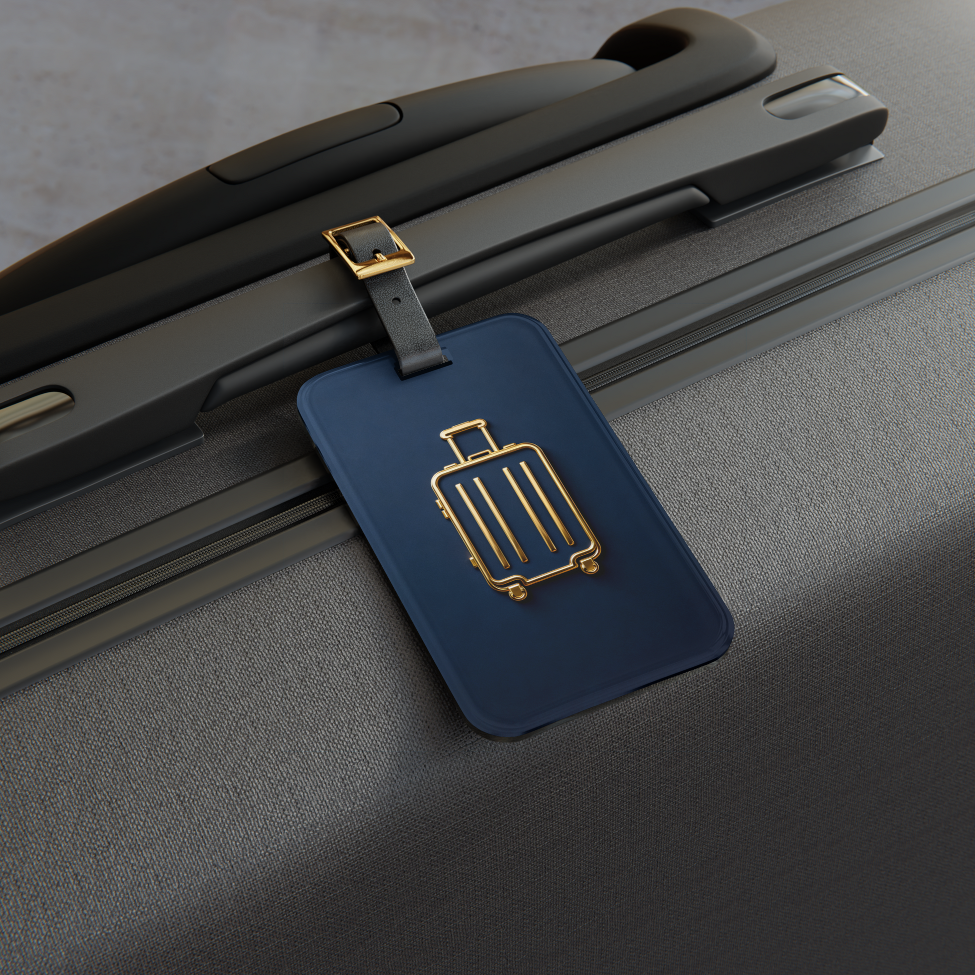 Kofferanhänger mit goldenem Koffersymbol auf tiefblauem Hintergrund befestigt an einem Hartschalenkoffer in einer detailreichen Nahaufnahme mit Fokus auf das Reisedesign