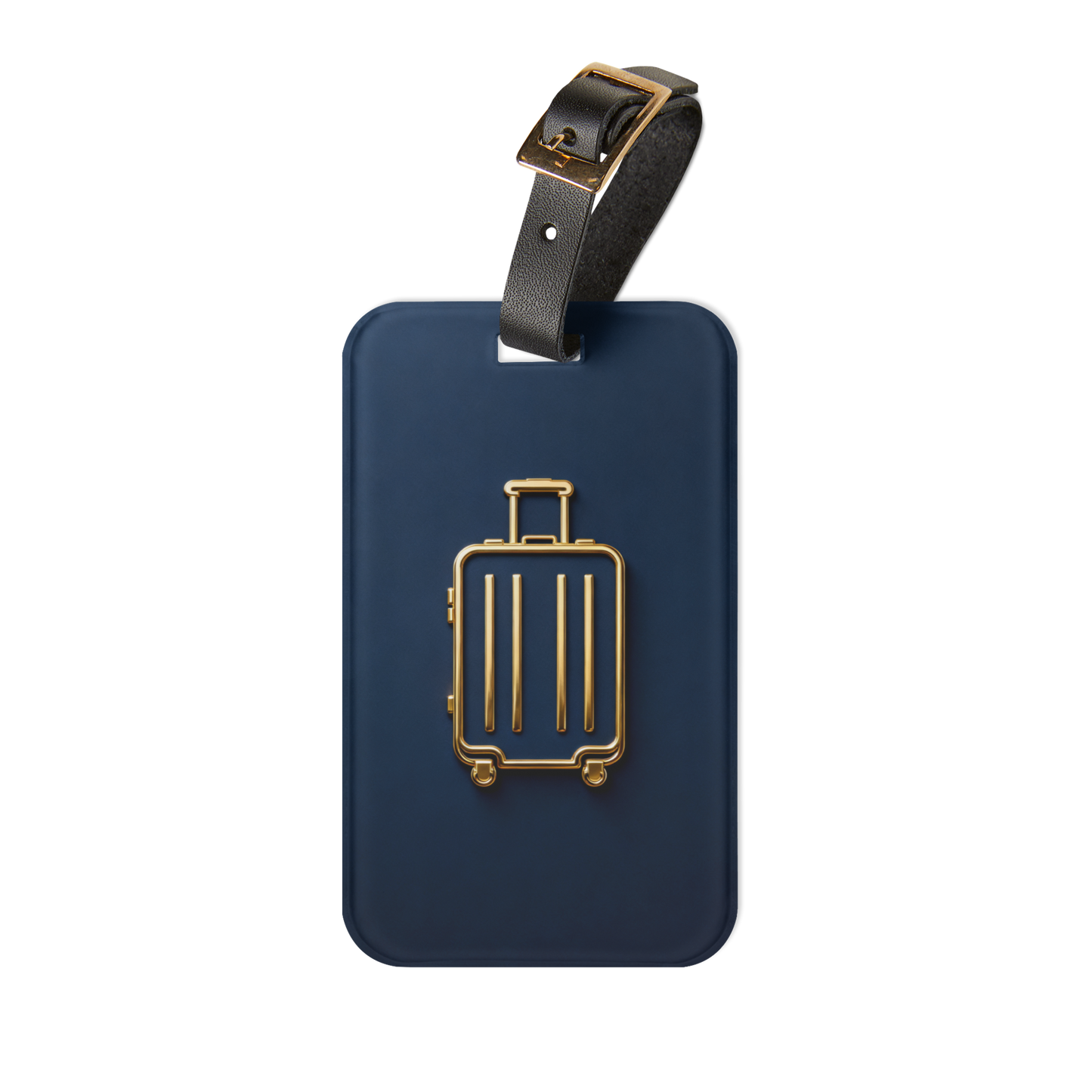 Kofferanhänger mit goldenem Koffersymbol auf tiefblauem Hintergrund als Freisteller mit verstellbarem Lederband und elegantem Reisedesign.