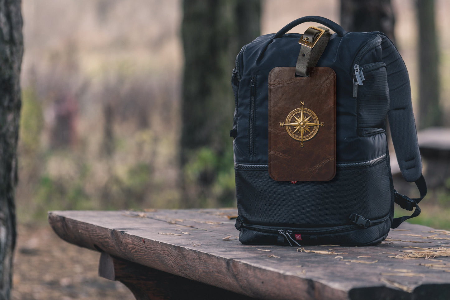 Kofferanhänger mit goldenem Vintage-Kompass auf brauner Lederoptik befestigt an einem schwarzen Reiserucksack in naturnaher Outdoor-Umgebung.