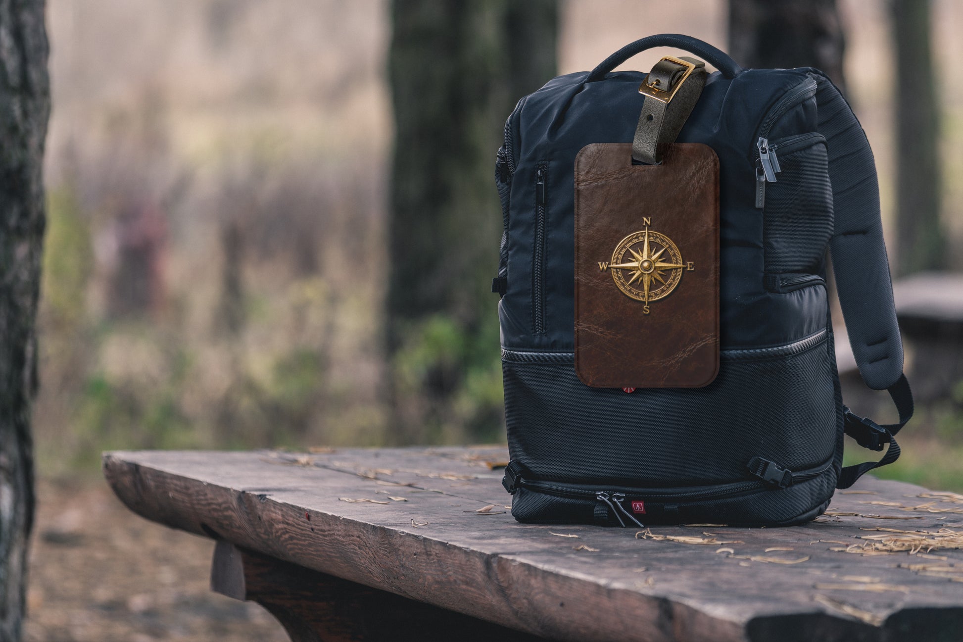 Kofferanhänger mit goldenem Vintage-Kompass auf brauner Lederoptik befestigt an einem schwarzen Reiserucksack in naturnaher Outdoor-Umgebung.