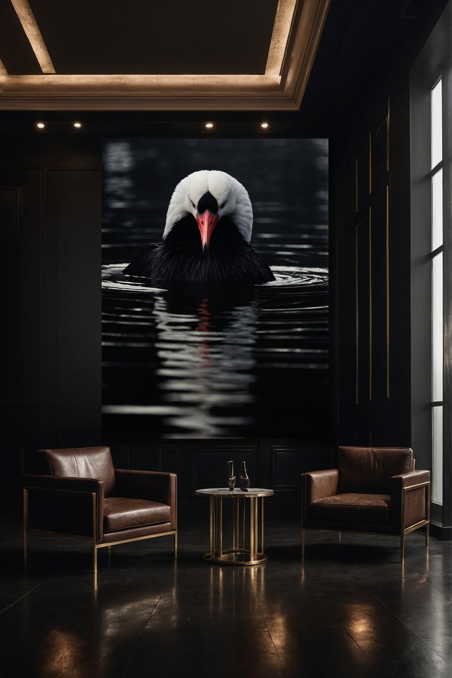 Kranich Wandkunst auf Leinwand im Format 40x60 Zoll in eleganter Galerie mit dunkler Wandgestaltung