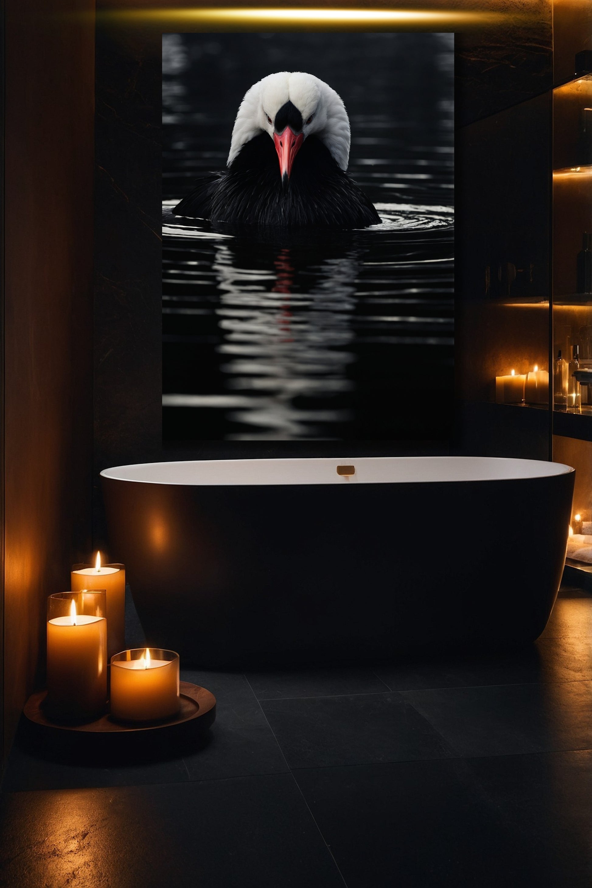 Elegantes Kranich Wandbild auf Leinwand im Format 40x60 Zoll im stilvollen Badezimmer