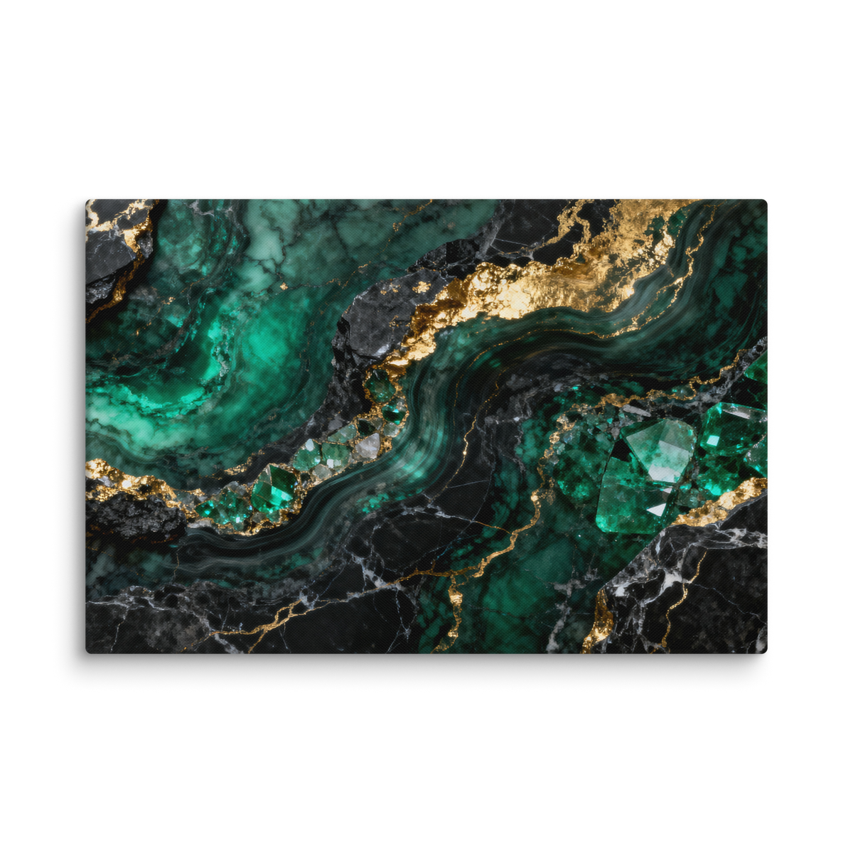 Leinwand 40x60 Zoll mit abstrakter Malachit-Komposition in Smaragdgrün, Schwarz und Gold. Transparenter Freisteller mit fließenden mineralischen Strukturen, leuchtenden Goldadern und luxuriöser Tiefenwirkung.