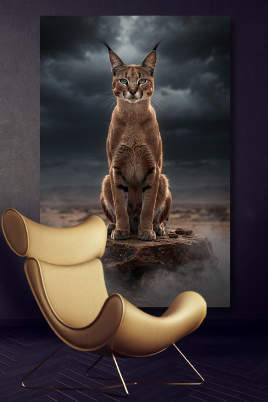 Leinwand eines Caracals unter dunklen Wolken an dunkelblauer Wand über einem gelben Lederstuhl in minimalistisch eingerichtetem Wohnraum