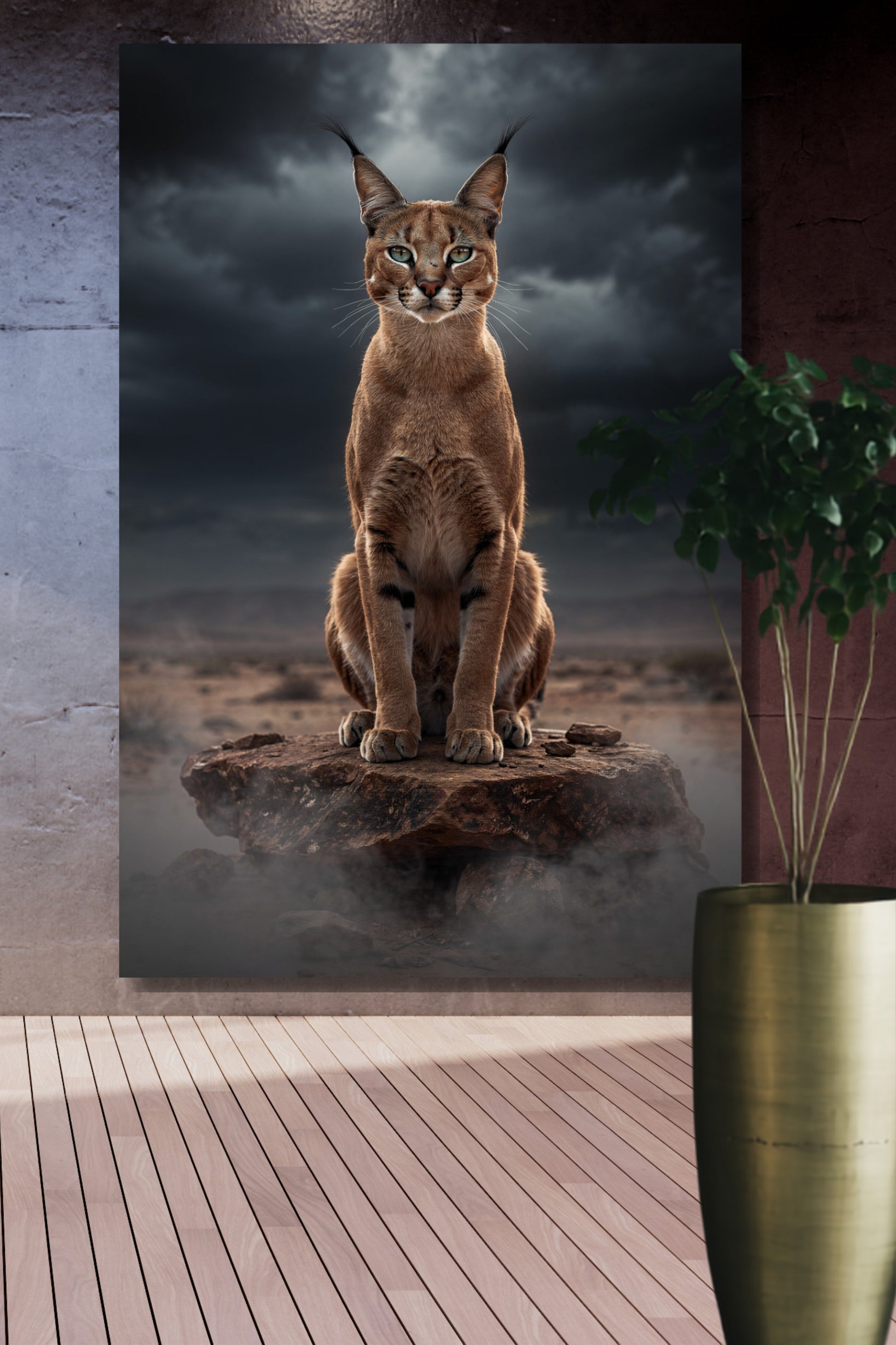 Leinwand eines Caracals unter dunklen Wolken im Morgennebel an einer dunkelrot-grauen Mauer über einem Holzfußboden im Loungebereich