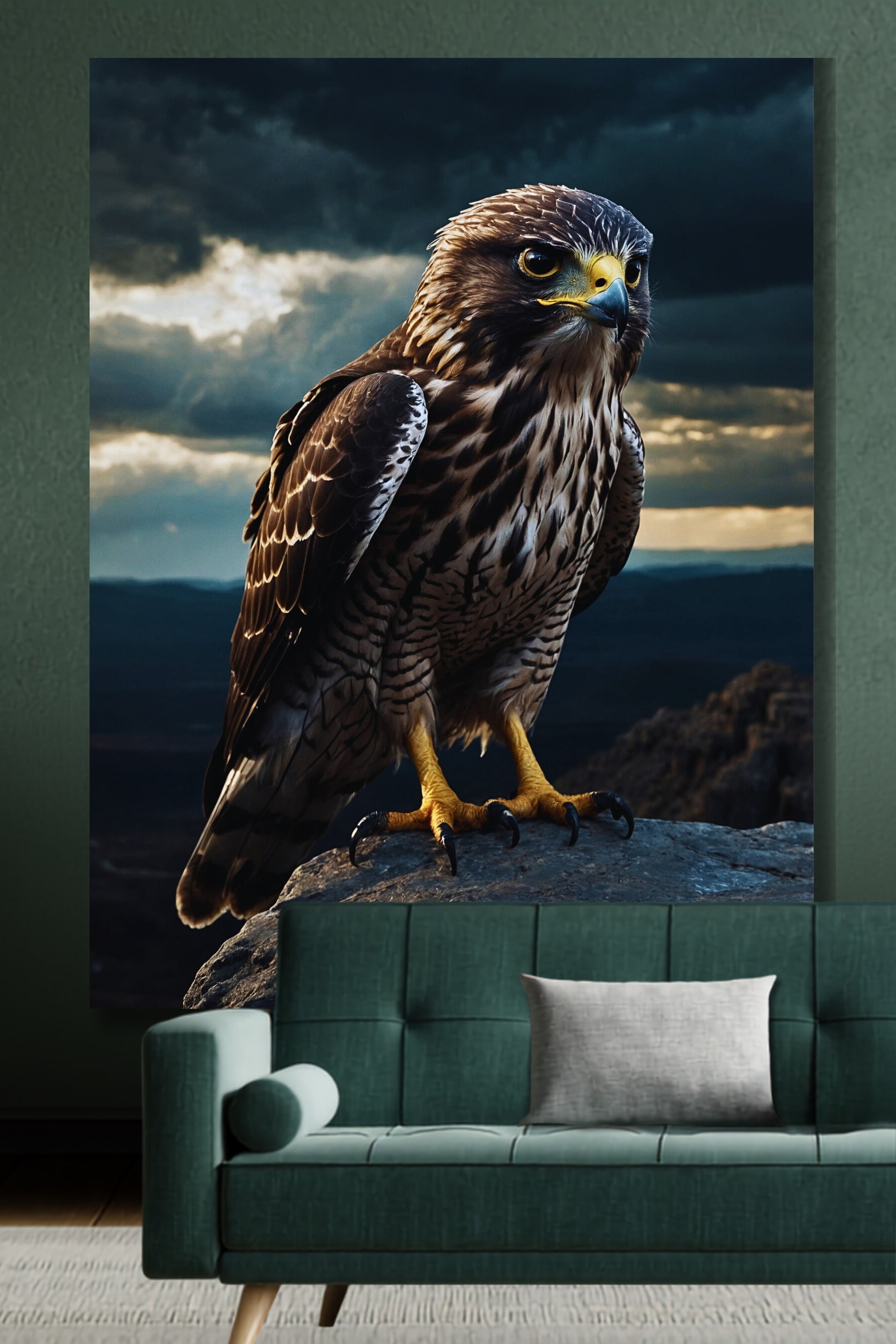 Leinewand eines Falken vor dramatischem Himmel an einer grünen Wand über einem blau-grünen Sofa mit hellem Kissen
