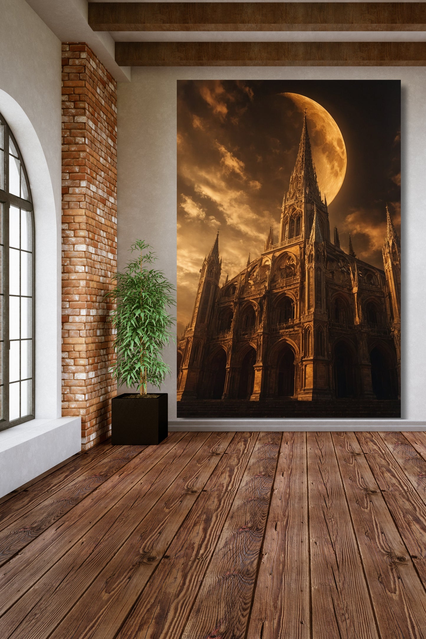 Leinwand einer gotischen Kathedrale im goldenen Mondlicht an einer weißen Wand über einem Holzfußboden im Flurbereich