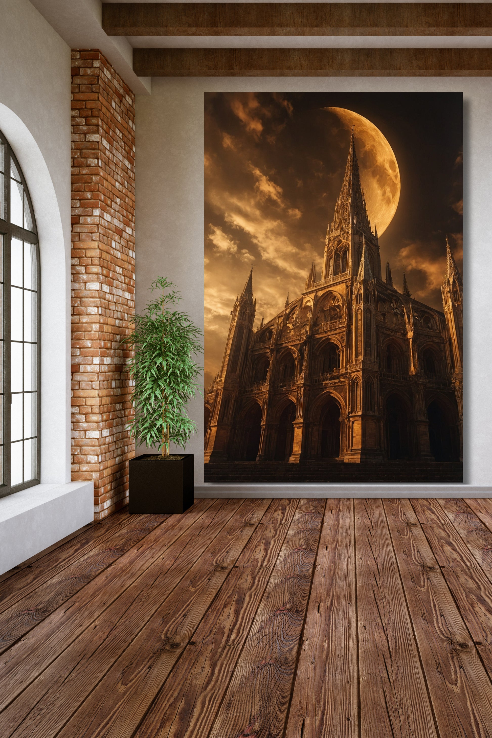 Leinwand einer gotischen Kathedrale im goldenen Mondlicht an einer weißen Wand über einem Holzfußboden im Flurbereich