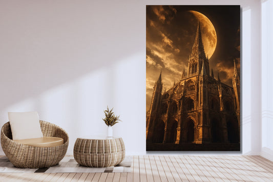 Leinwand einer gotischen Kathedrale im goldenen Mondlicht an einer weißen Wand über einem Korbsessel und einem Korbtisch