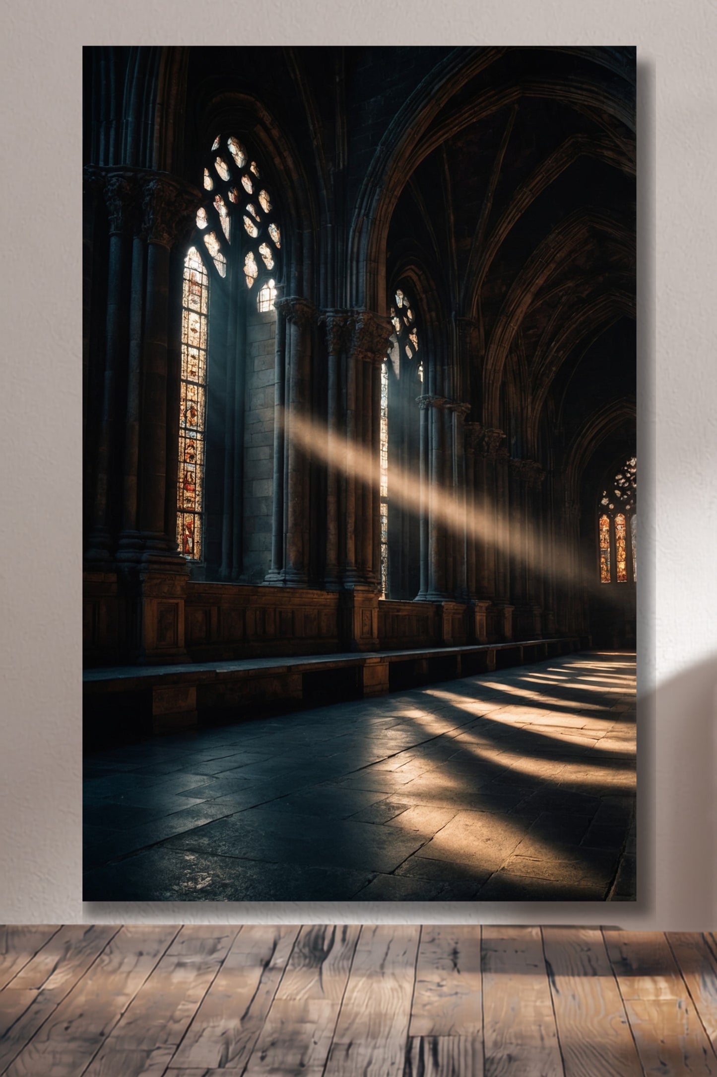 Leinwand einer Kathedrale im Lichtstrahl an einen hellen Wand über einem Holzfußboden