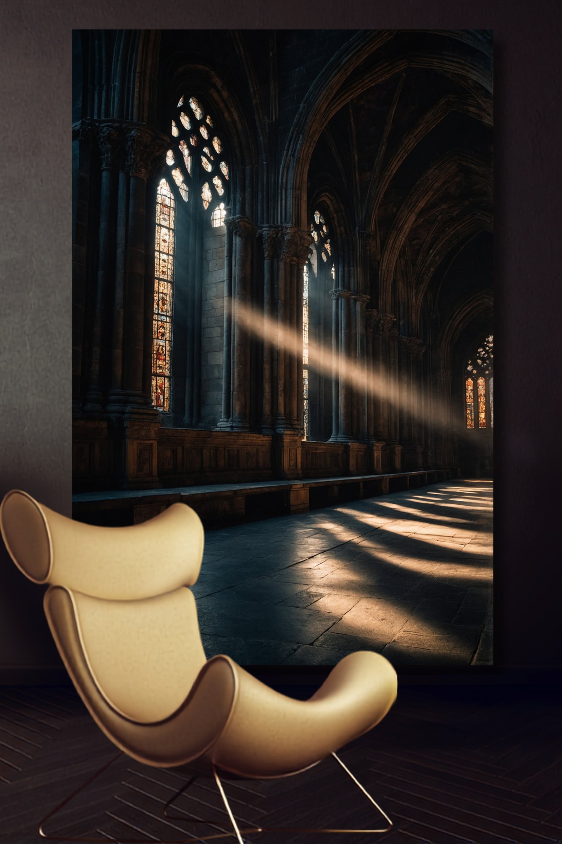 Leinwand einer gotischen Kathedrale im Lichtstrahl an einer dunklen Wand über einem modernen gelben Lederstuhl