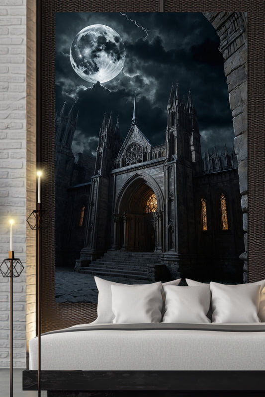 Leinwand einer gotischen Kathedrale im Mondlicht in einem eleganten Schlafzimmer