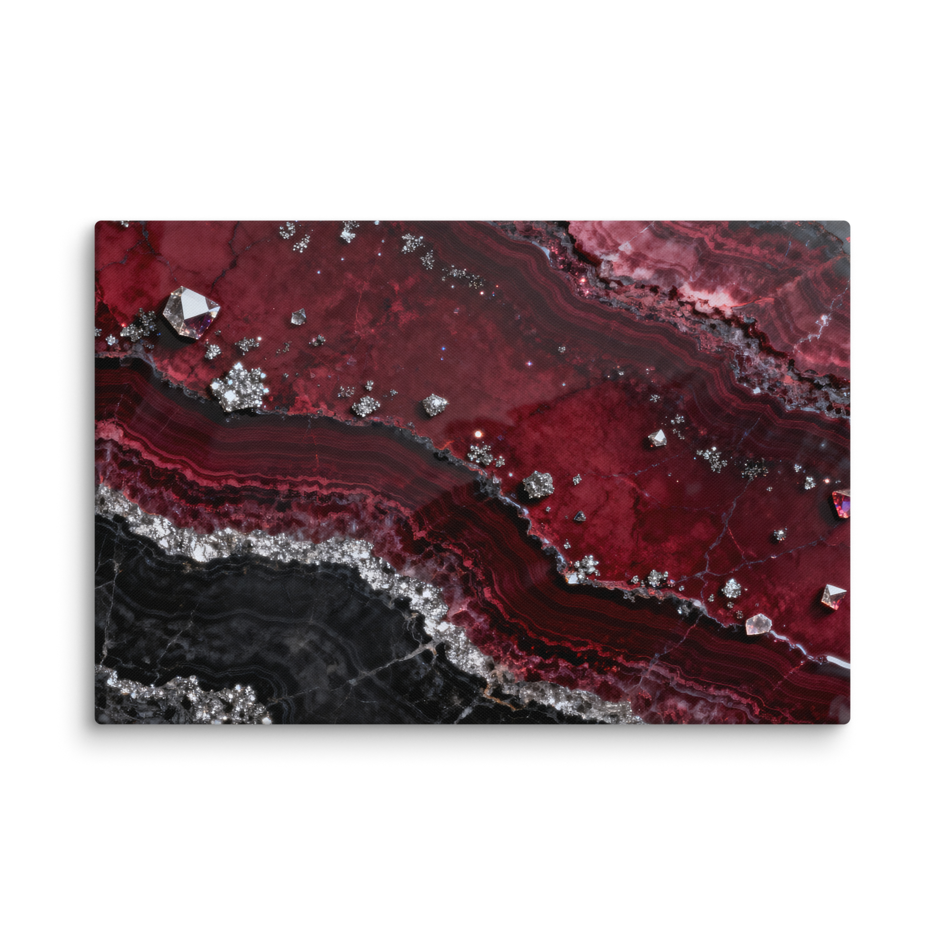 Leinwand im Format 32x48 Zoll mit granatroter Mineralstruktur, schwarzen Marmorschichten und silbernen Kristallakzenten auf transparentem Hintergrund.