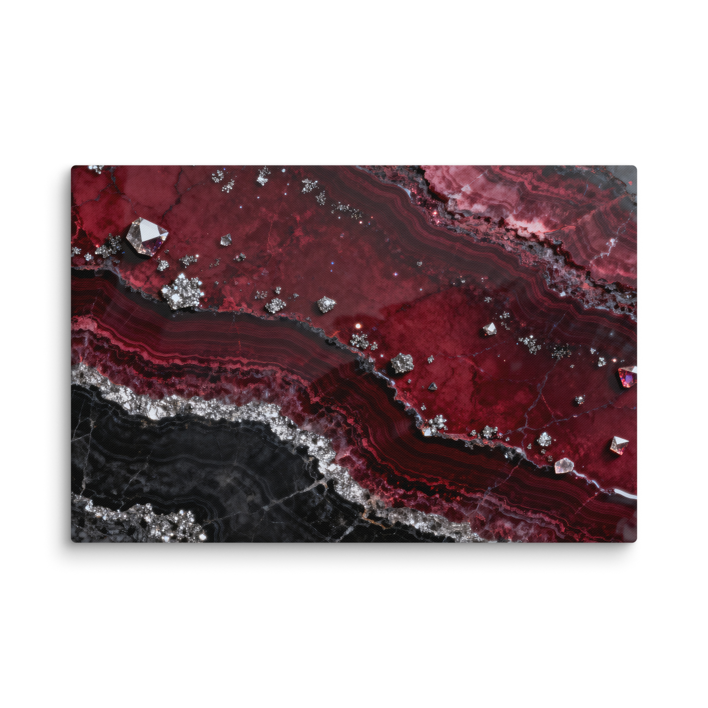 Leinwand im Format 40x60 Zoll mit granatroter Mineralstruktur, schwarzen Marmorschichten und silbernen Kristallakzenten auf transparentem Hintergrund.