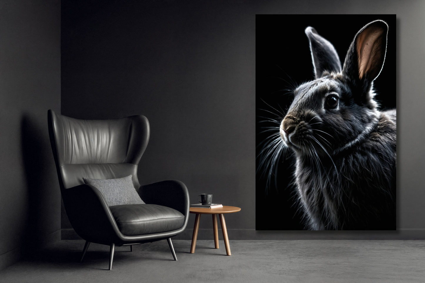 Leinwand eines Hasen im Dunkeln an einer dunkelgrauen Wand neben einem schwarzen Ledersessel