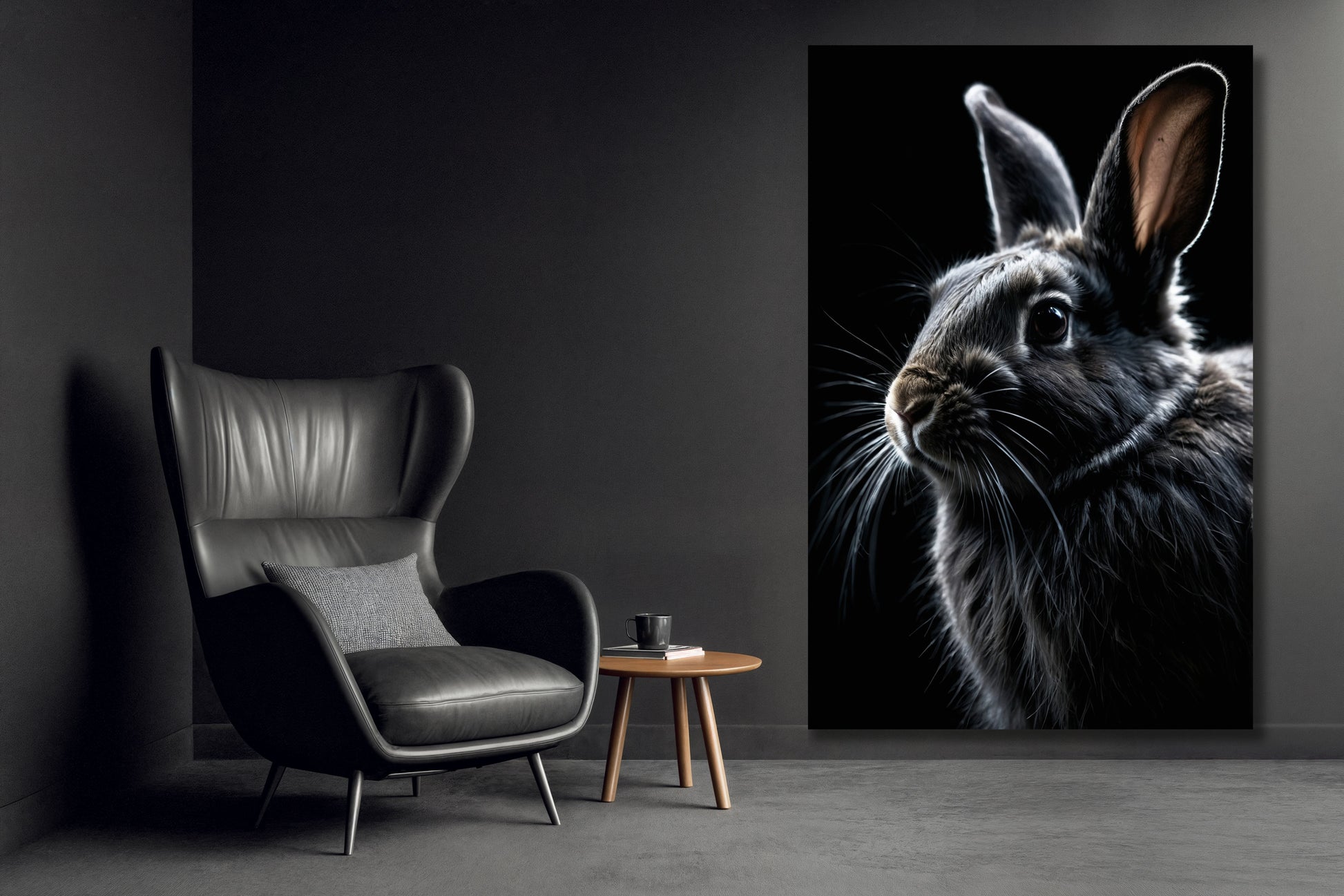 Leinwand eines Hasen im Dunkeln an einer dunkelgrauen Wand neben einem schwarzen Ledersessel