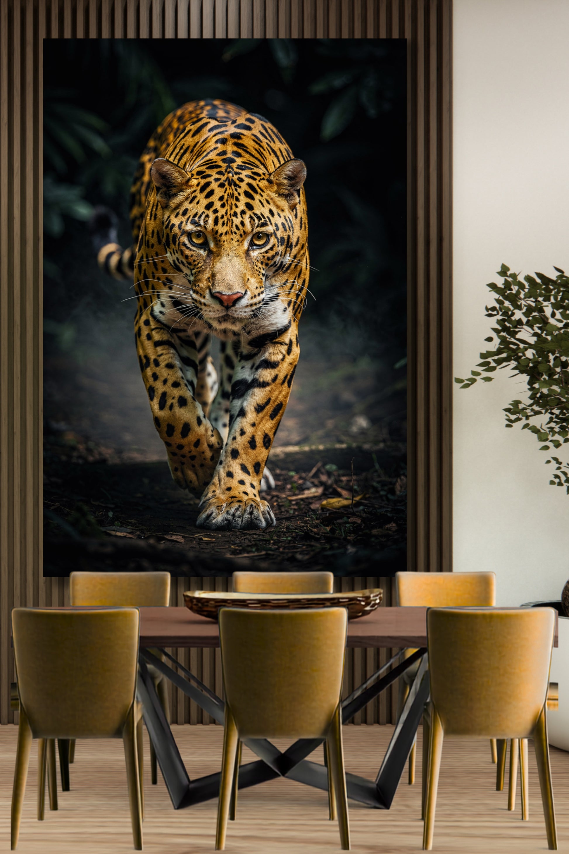 Leinwand eines jaguars an einer Wand aus Holzpaneelen über einem  in einem gemütlichen Esszimmertisch mit 5 Stühlen in einem Essbereich