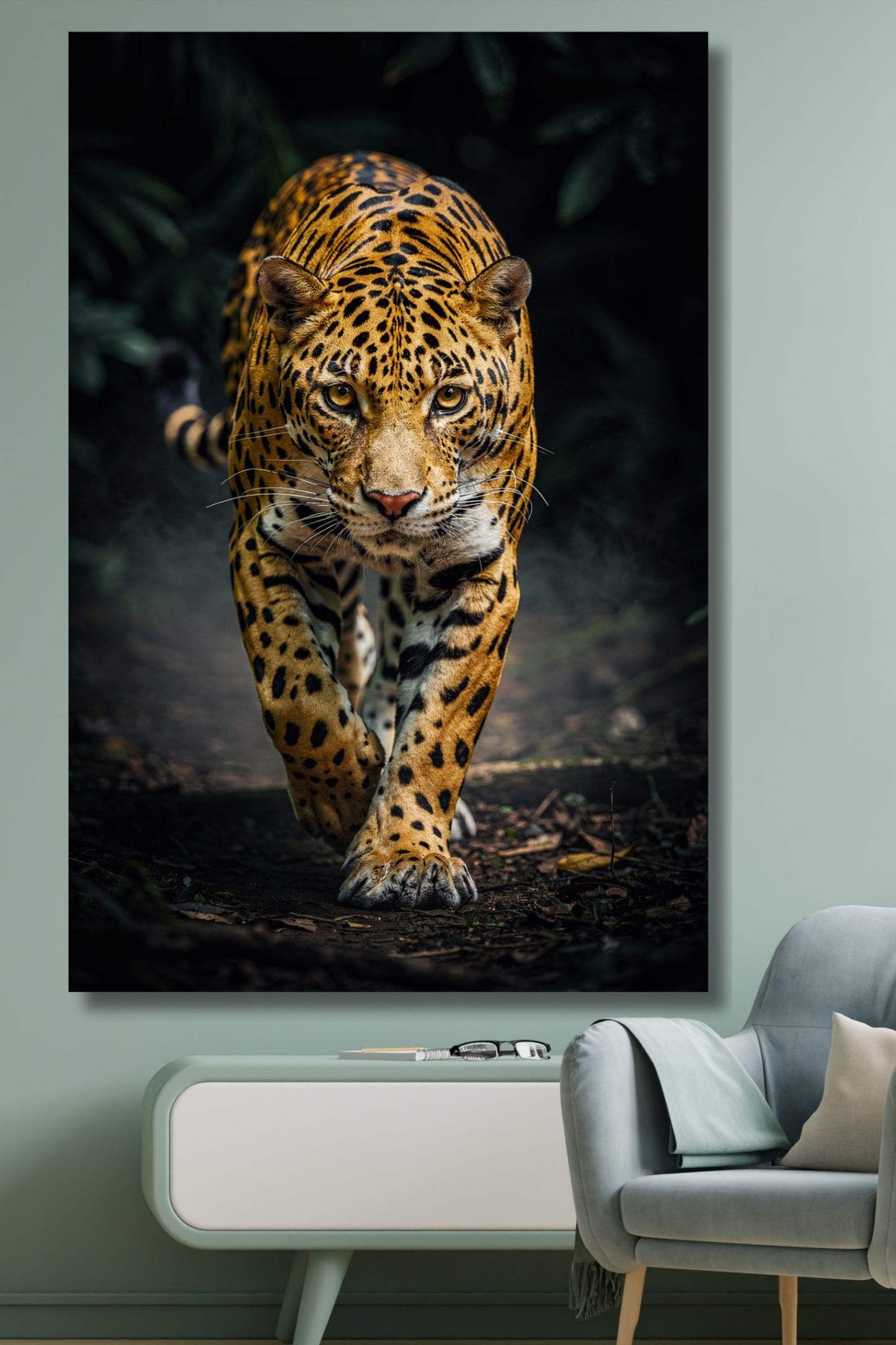 Leinwand eines Jaguars im Schattenpfad an einer hellblauen Wand über einem hellen Sideboard und einem Sessel im Wohnbereich