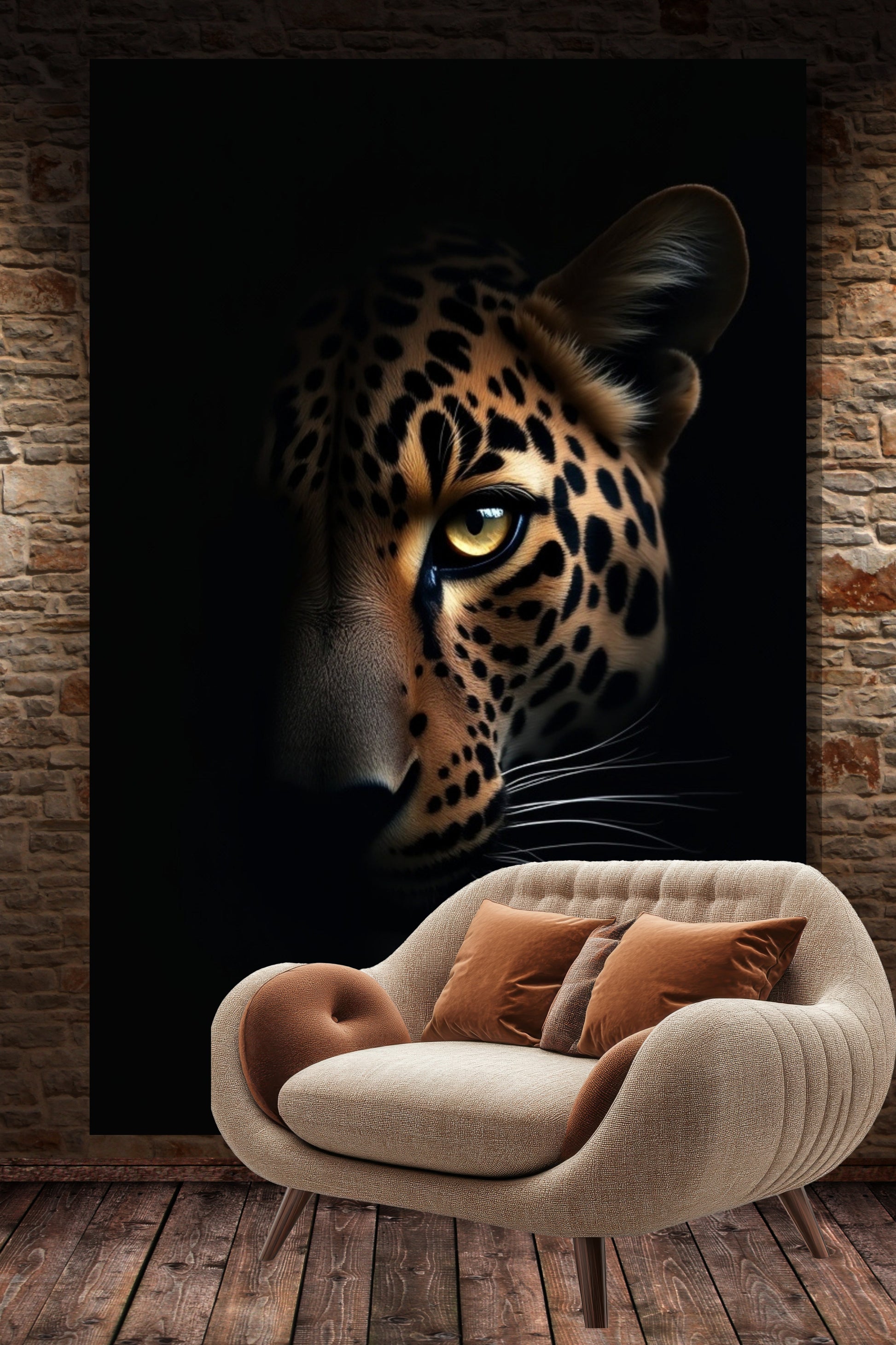 Leinwand eines Jaguars zwischen Licht und Schatten an einer Mauer über einem hellen Sessel in einem Wohnraum mit Holzfußboden