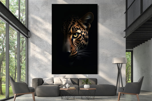 Leinwand eines Jaguars zwischen Licht und Schatten an einer hohen weißen Mauer über einem grauen Sofa in einem zweistöckigen Loft