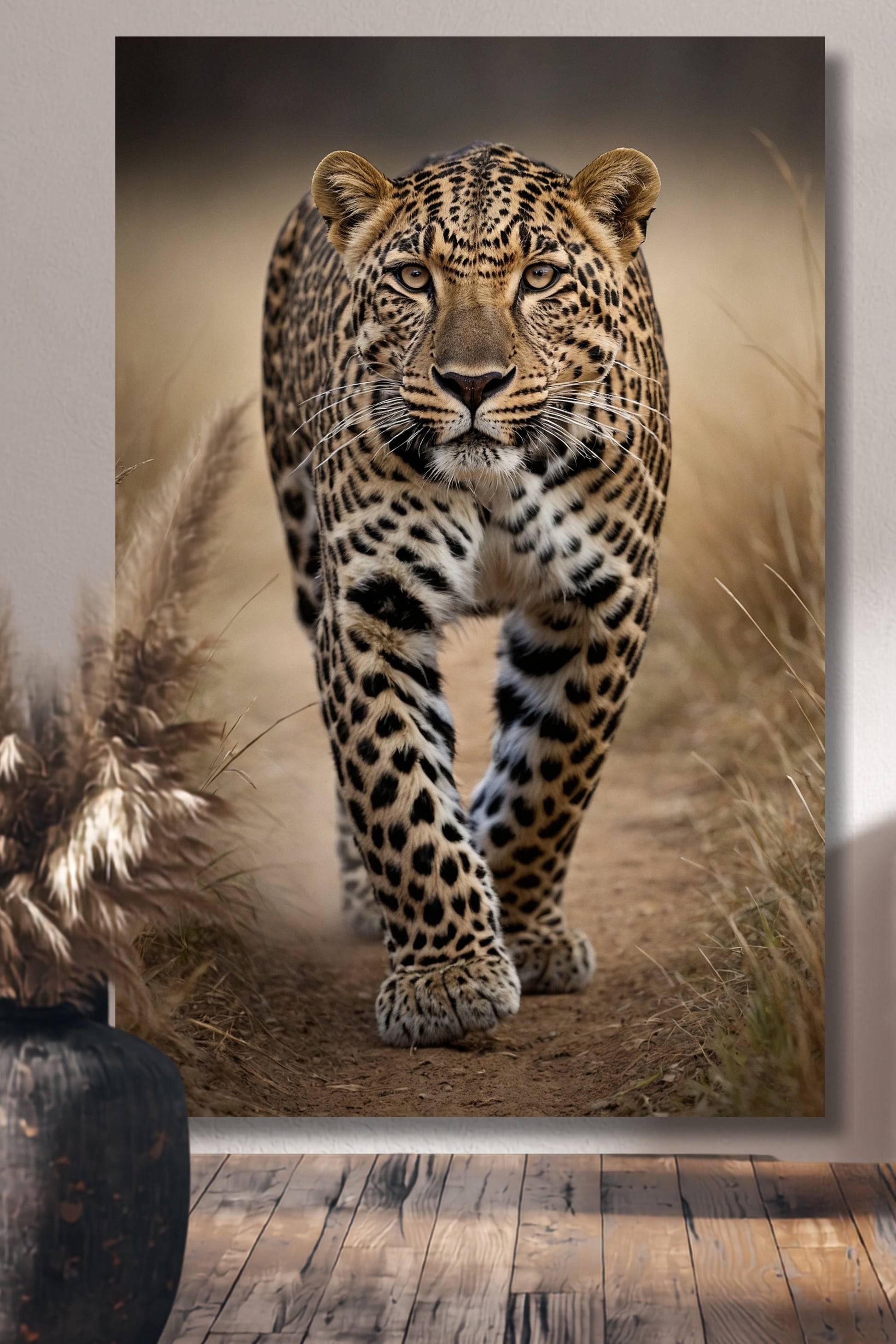 Leinwand eines Leoparden in frontaler Ausrichtung an einer weißen Wand über einem Holzfußboden mit einer Vase voller Trockenblumen