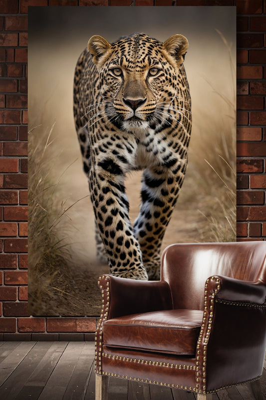 Leinwand eines Leoparden in frontaler Ausrichtung an einer Mauer über einem Holzfußboden und einem antiken Lederstuhl mit Goldakzenten