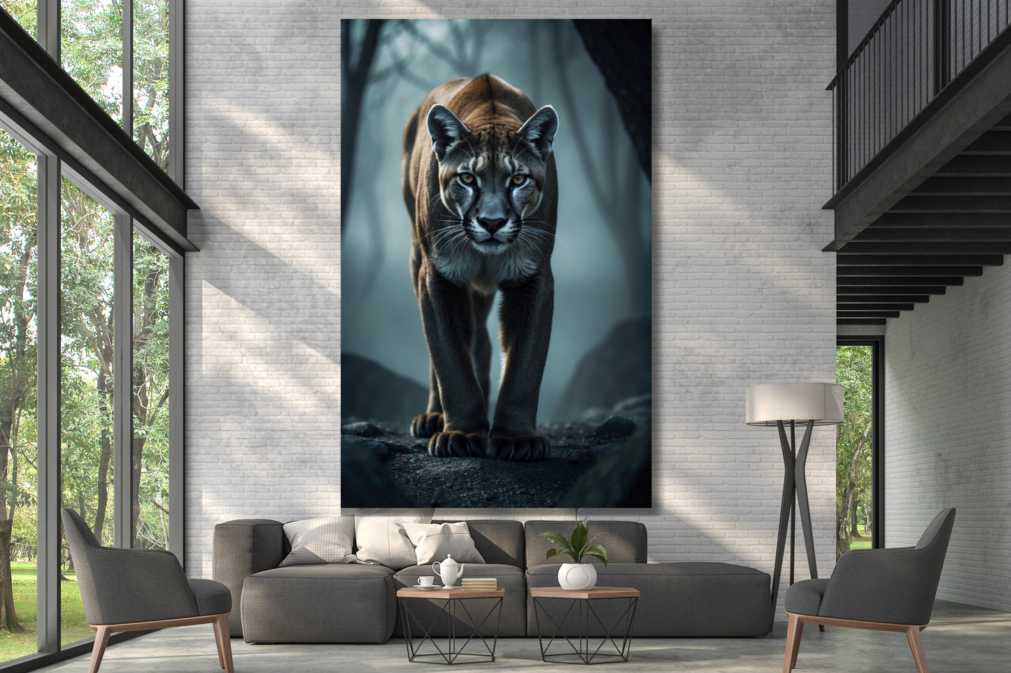 Leinwand eines Pumas im Nebel an einer weißen hohen Wand über einem grauen Sofa in einer Galerie