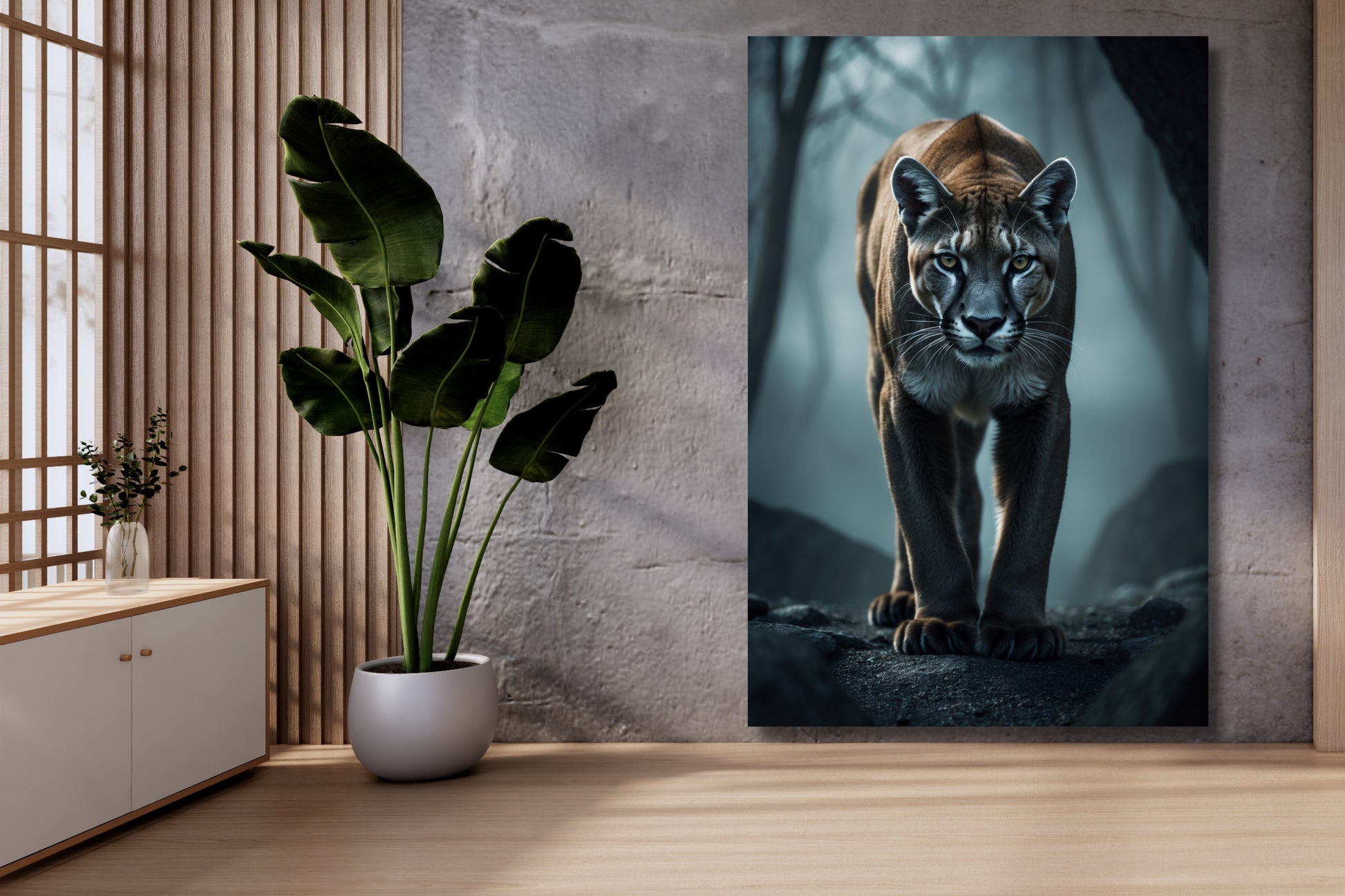 Leinwand eines Pumas im Nebel an einer hellen Mauerwand neben einer Grünpflanze in einem minimalistischen Wohnraum