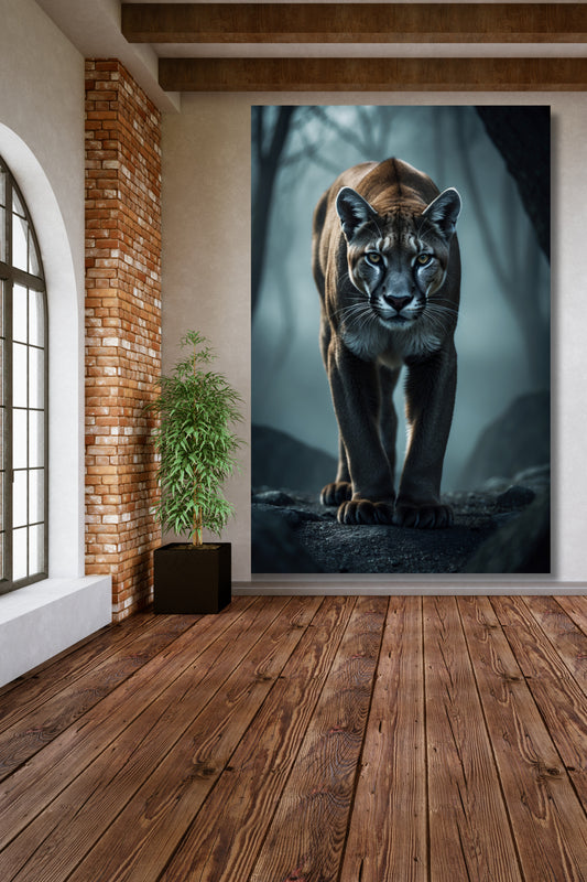Leinwand eines Pumas im Nebel an einer hellen Wand über einem Holzfußboden
