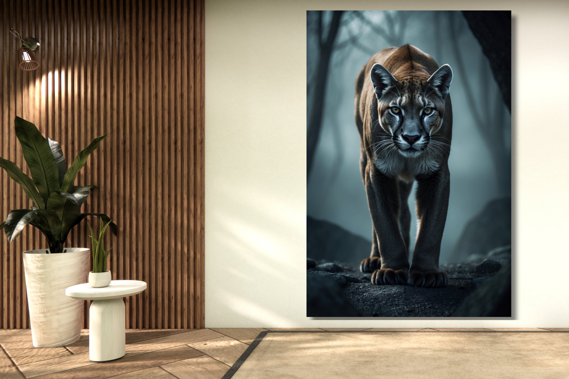 Leinwand eines Pumas im Nebel an einer Wand mit Holzpaneelen neben einer Grünpflanze in einem Wohnraum mit indirekter Beleuchtung