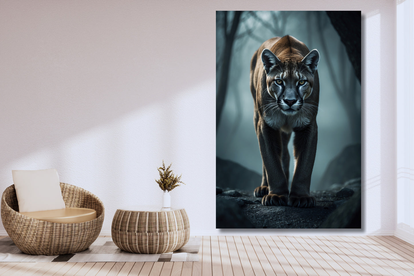 Leinwand eines Pumas im Nebel an einer weißen Wand neben einem Korbsessel und einem Korbtisch in einem Wohnraum