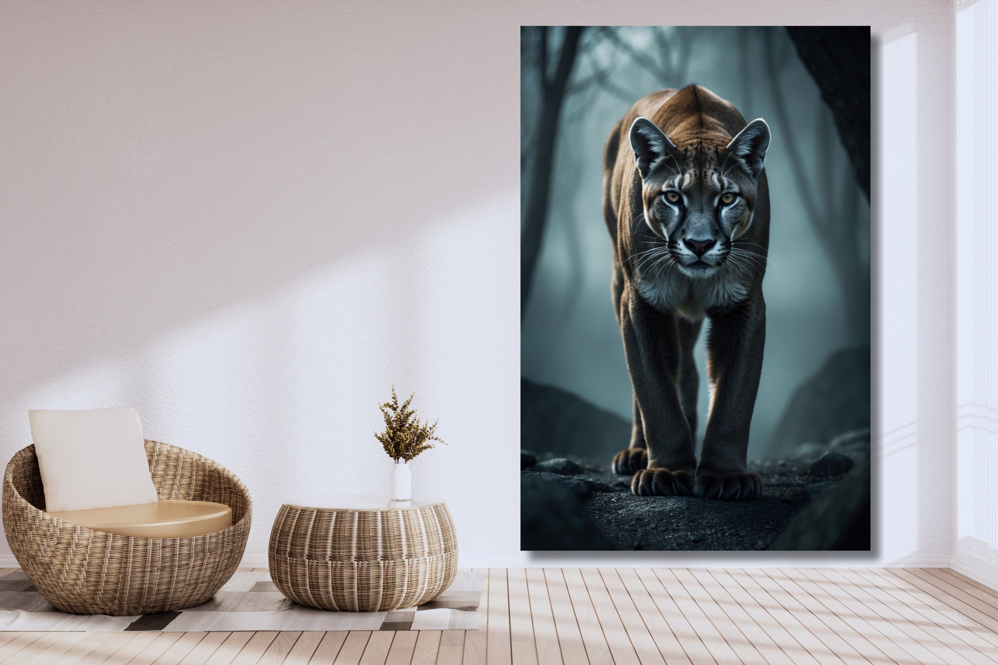 Leinwand eines Pumas im Nebel an einer weißen Wand neben einem Korbsessel und einem Korbtisch in einem Wohnraum