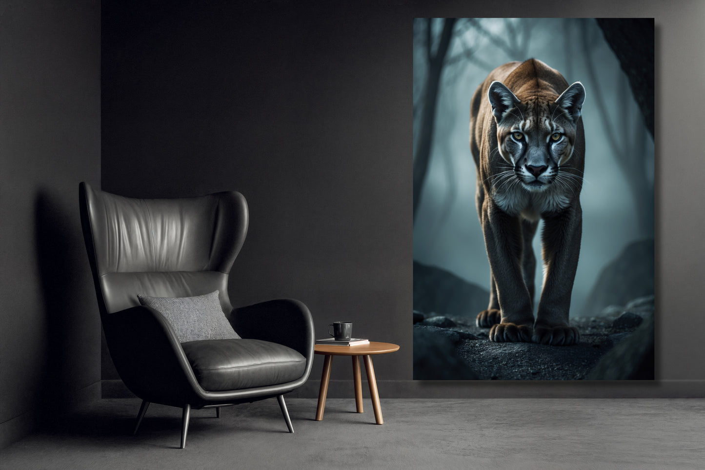 Leinwand eines Pumas im Nebel an einer dunklen Wand neben einem schwarzen Ledersessel in einem minimalistisch eingerichteten Wohnraum