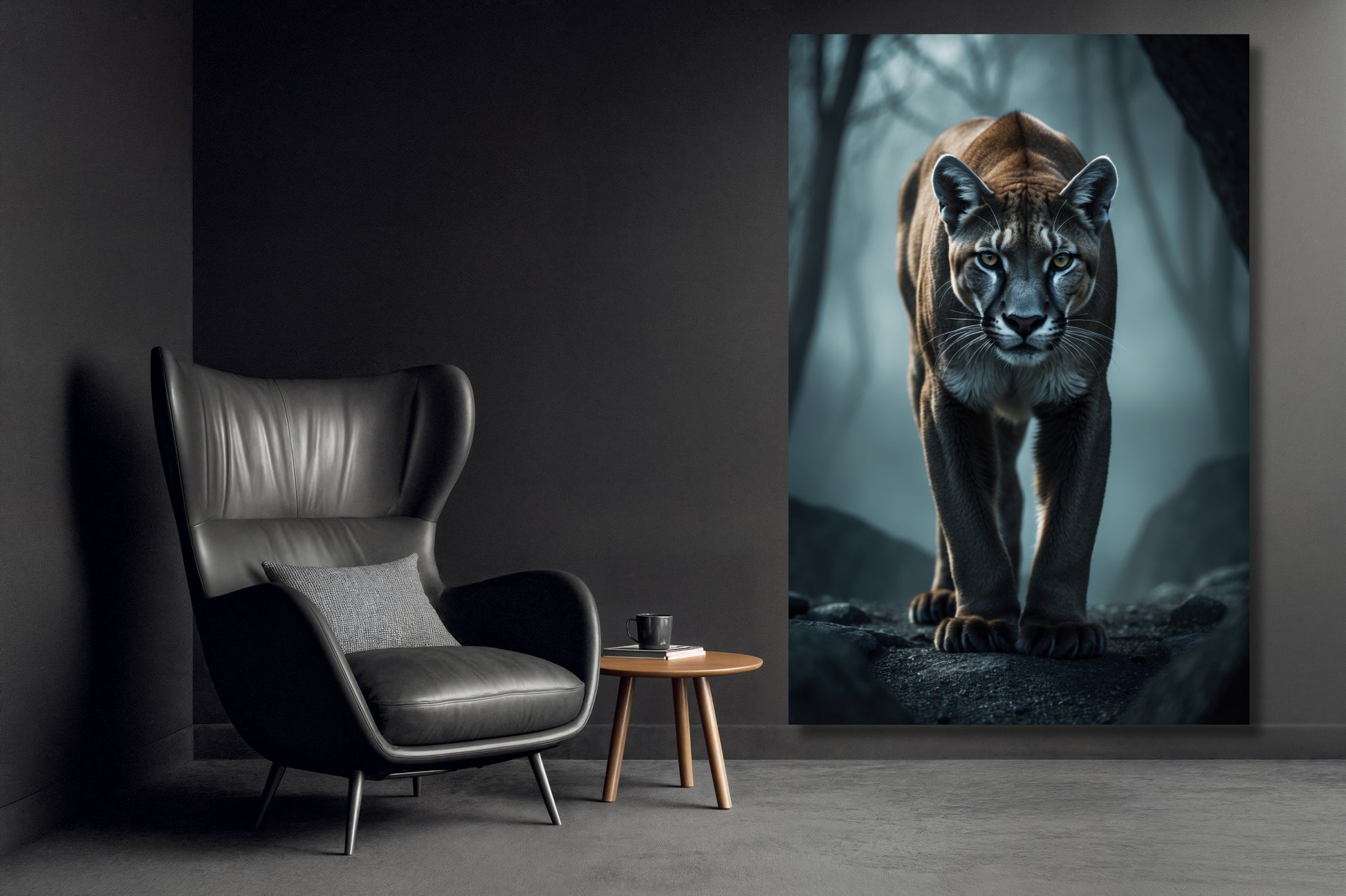 Leinwand eines Pumas im Nebel an einer dunklen Wand neben einem schwarzen Ledersessel in einem minimalistisch eingerichteten Wohnraum