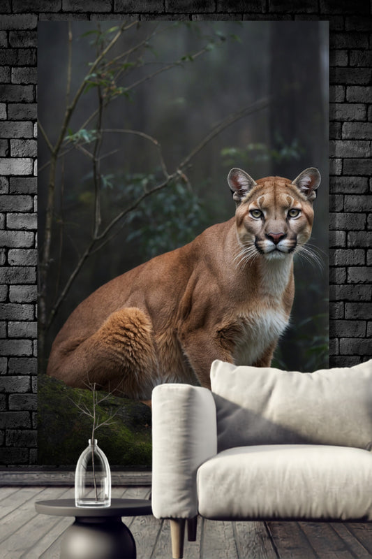 Leinwand eines Pumas im nebeligen Wald an einer dunklen Mauer über einem weißen Sessel und einem kleinen Beistelltisch mit einer Glasvase mit Zweig