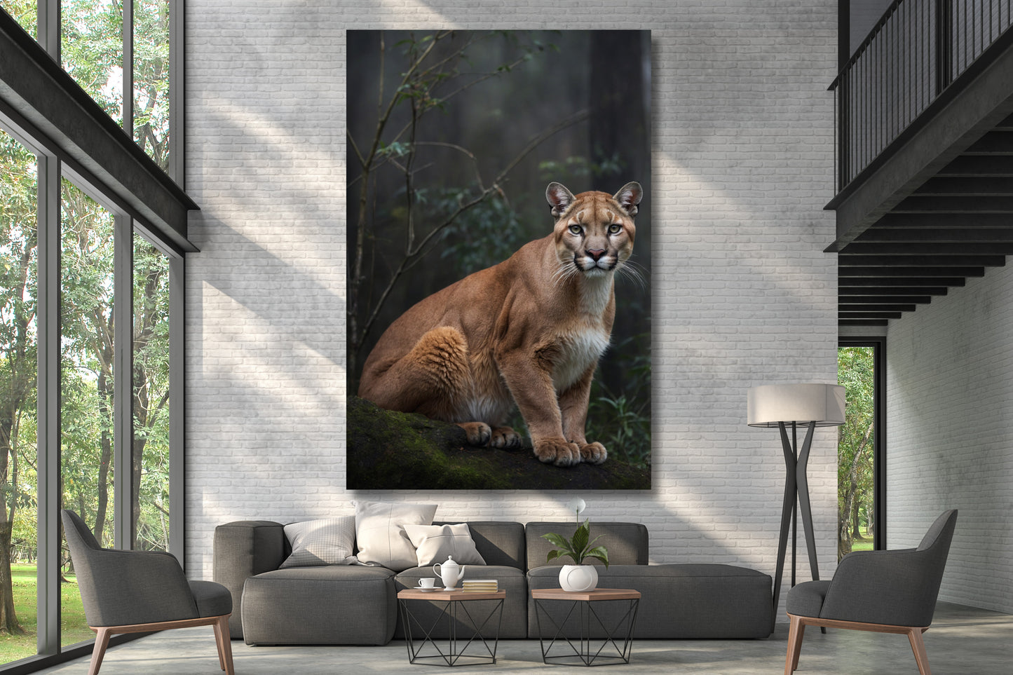 Leinwand eines Pumas im nebeligen Wald an einer hohe weißen Mauer über einer großen grauen Wohnlandschaft in einer zweistöckigen Galerie mit großen Fenstern