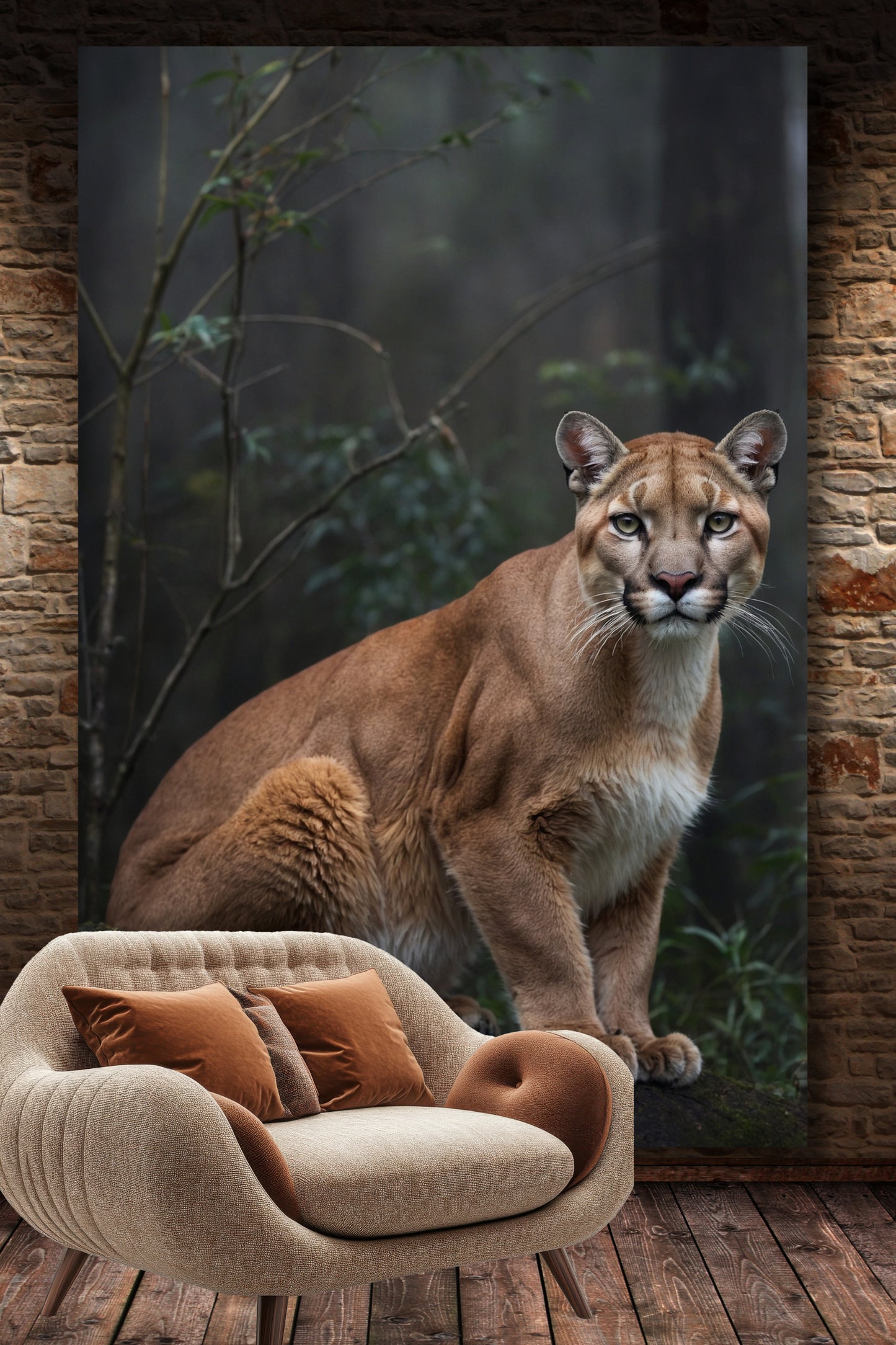 Leinwand eines Pumas im nebeligen Wald an einer Backsteinmauer über einem Stuhl auf einem Holzfußboden