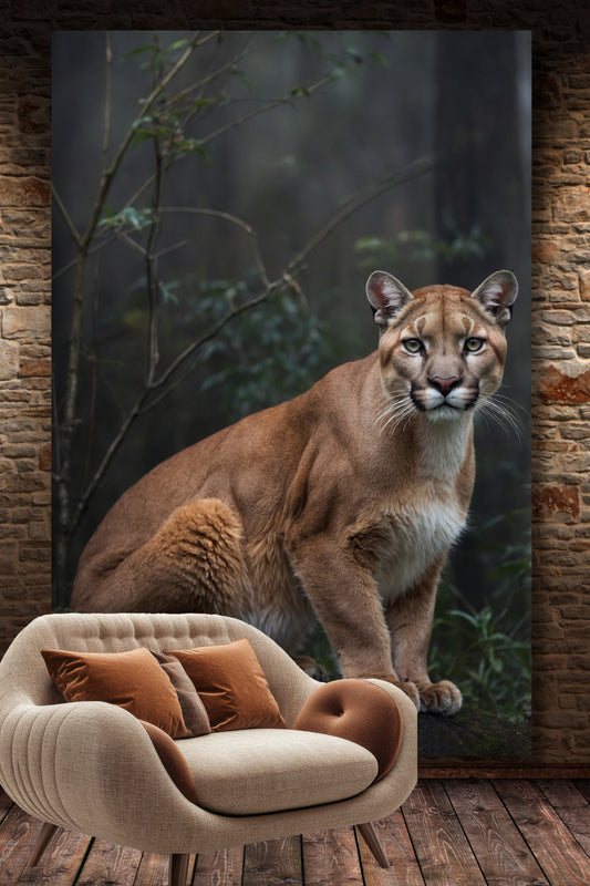 Leinwand eines Pumas im nebeligen Wald an einer Backsteinmauer über einem Stuhl auf einem Holzfußboden