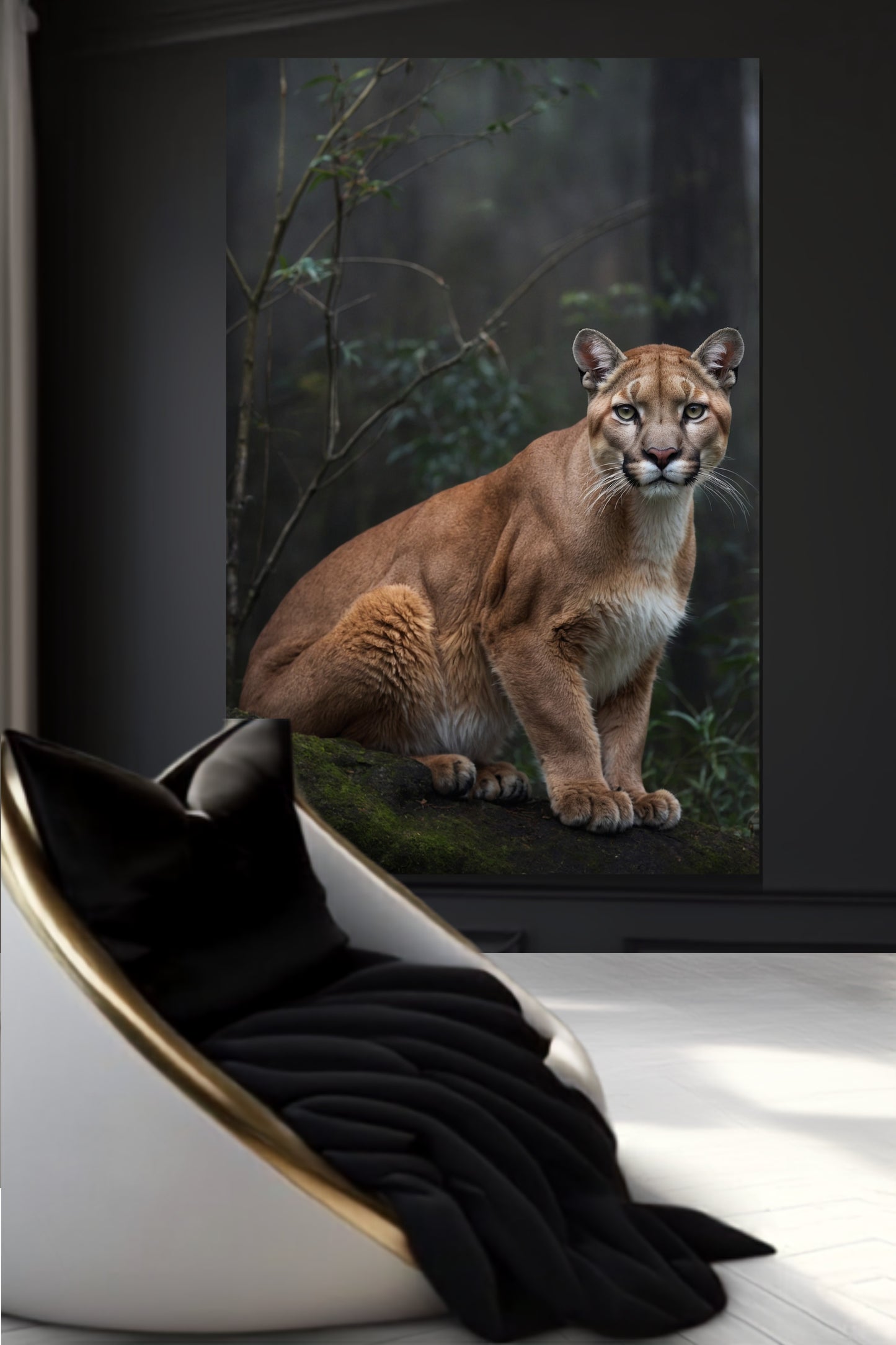 Leinewand eines Pumas im nebeligen Wald an einer dunklen Wand über einem weißen Muschelsessel mit Goldrand, schwarzem Kissen und schwarzer Wohndecke 
