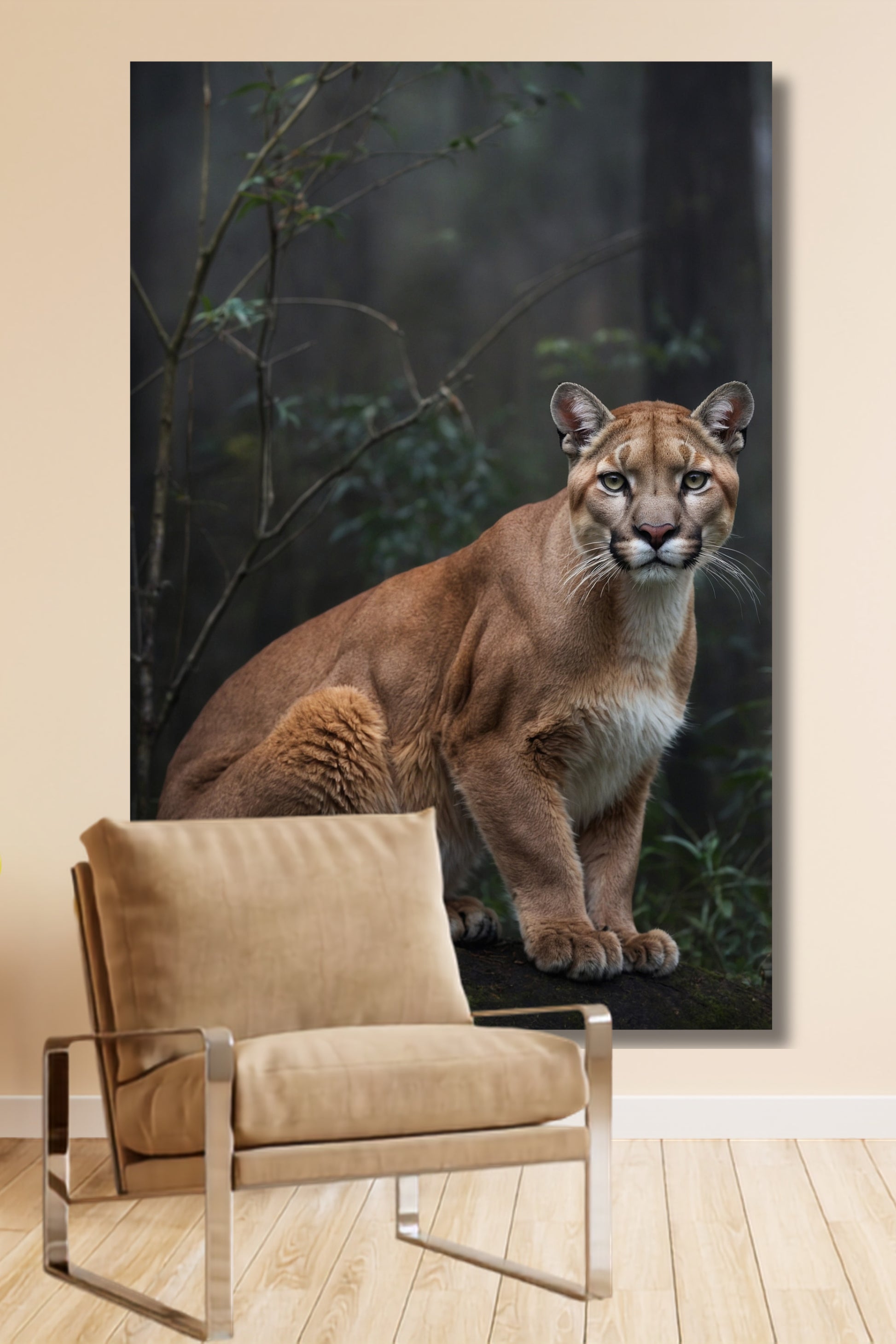 Leinwand eines Pumas im nebeligen Wald an einer hellen Wand über einem modernen sandfarbenen Sessel mit chromfarbenen  Armlehnen